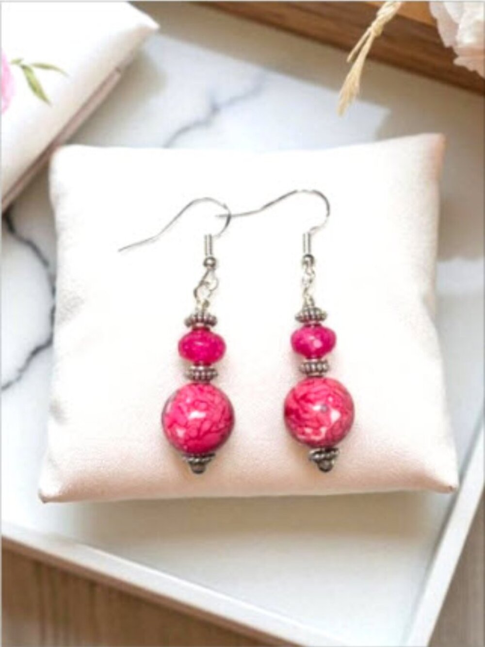 Pink Rain Flower Jade Earrings Sterling Silver Handmade Gemstone Dangle 2" Drop